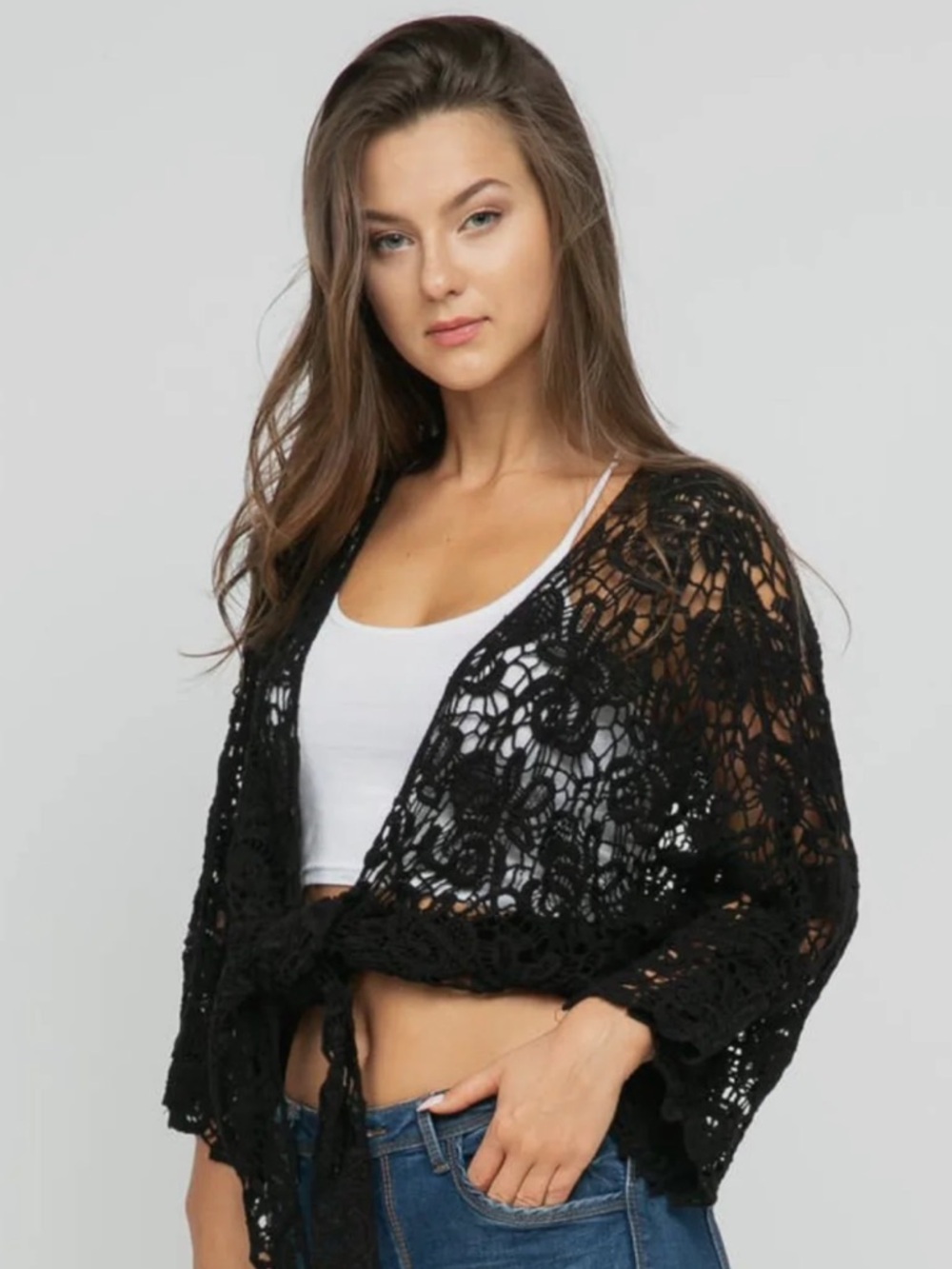 Black Crochet Tie-Front Top by ORIGAMI - Picture 3 of 10